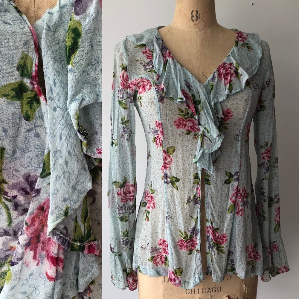 Express blue ruffle shirt 90s vintage size small